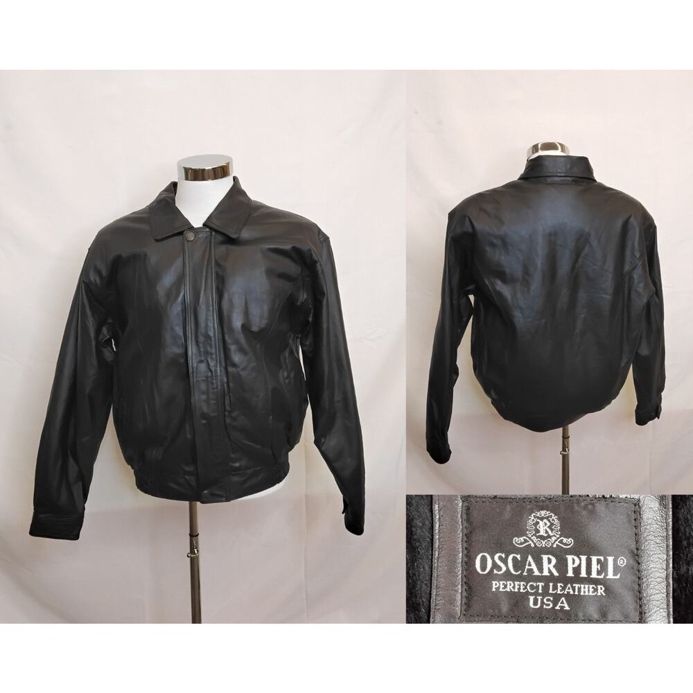 Oscar Piel Leather Bomber Jacket Men's M Black Removable Fleece Liner #W4718